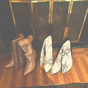 2 pair Donna Karen snake skin knee boots one tan/brown other black/white new